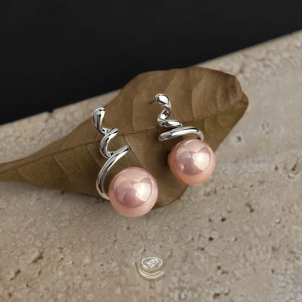 Niche Pink Pearl Copper Drop Earrings Minimalist Wave Geometric Designer Style For Women