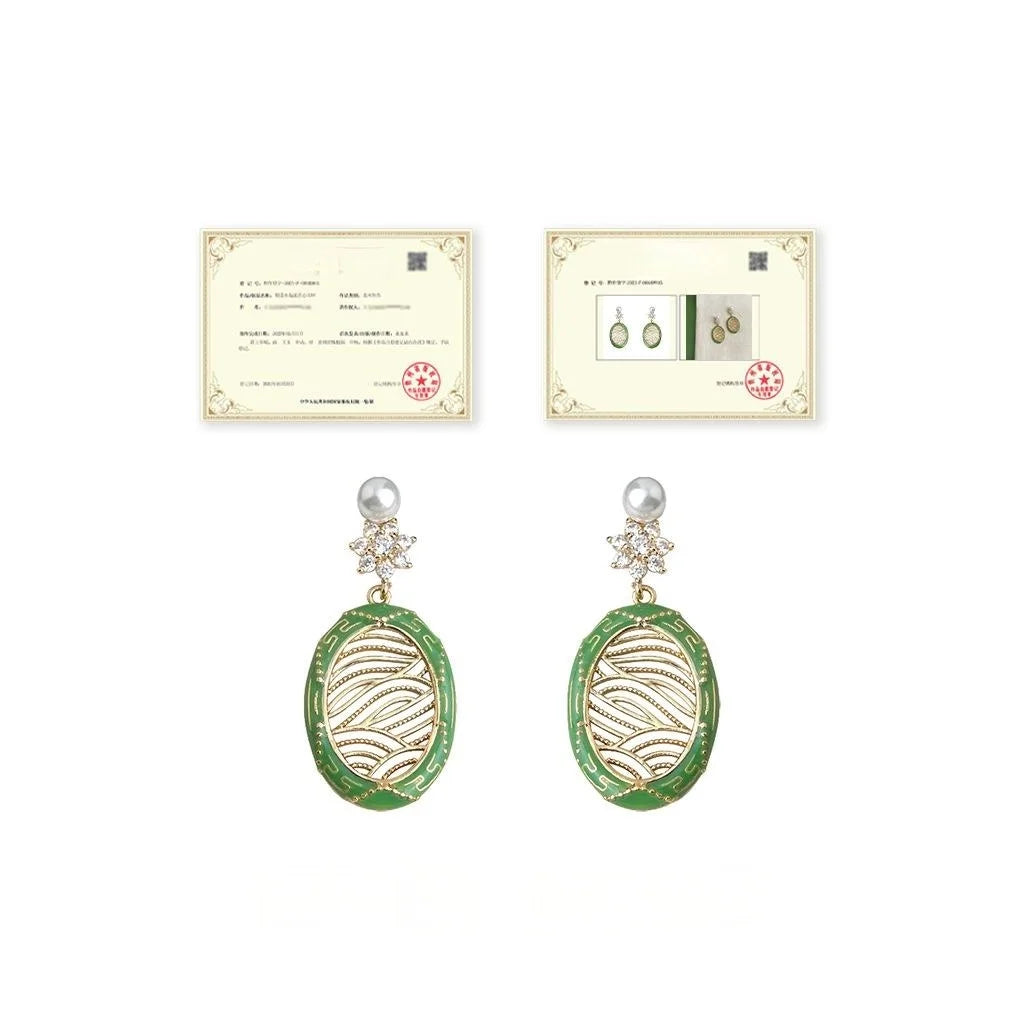 New Chinese Style Green Enamel Micro Pave Zircon Floral Copper Drop Earrings