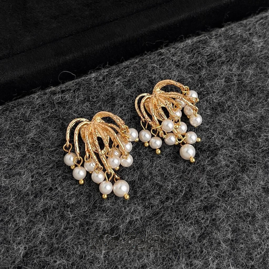 French Vintage Firework Tassel Pearl Drop Earrings For Women