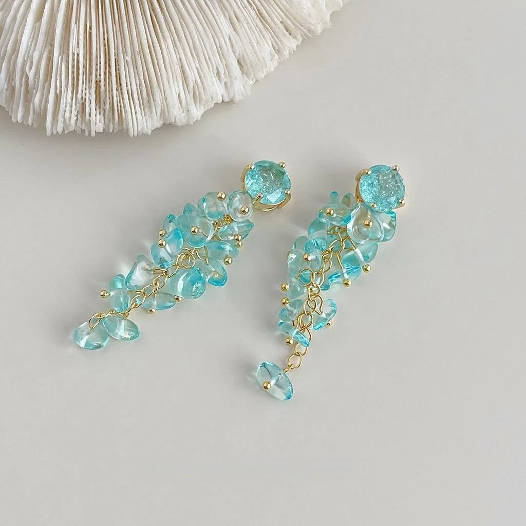 Ocean Series Handmade Long Tassel Glass Crystal Drop Earrings Geometric Resort Style Jewelry