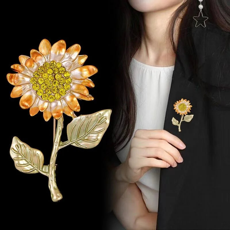 Elegant Korean Style Rhinestone Enamel Sunflower Brooch, Creative Floral Lapel Pin Corsage Gift