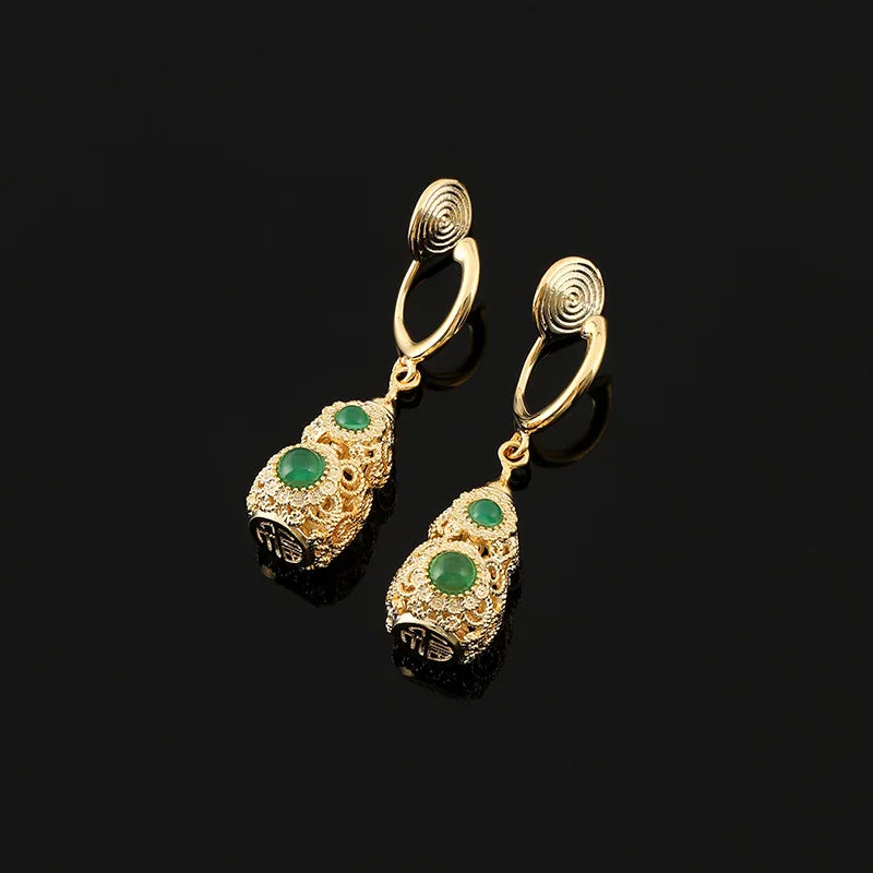 Vintage Luxury Hollow Gourd Filigree Green Crystal Alloy Drop Stud & Clip On No Piercing Earrings