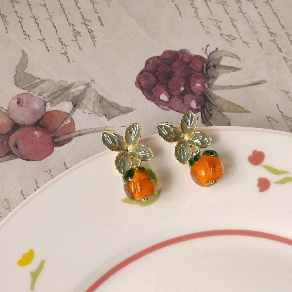 Vintage Japanese Glass Persimmon Drop Earrings 14K Gold Plated Fruit Jewelry