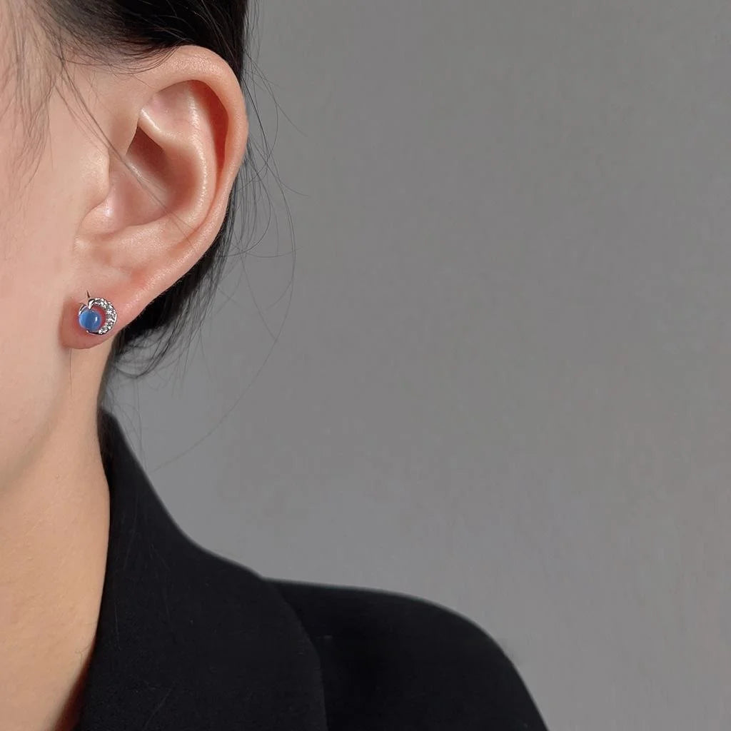 Minimalist Round Glass Cat Eye Stone Micro Pave Zircon Stud Earrings