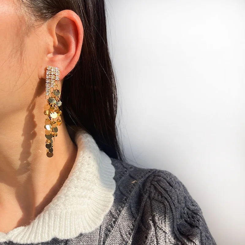 Luxury Gold Rhinestone Bar Spiral Disc Sequin Long Tassel Stud & Clip On No Piercing Earrings