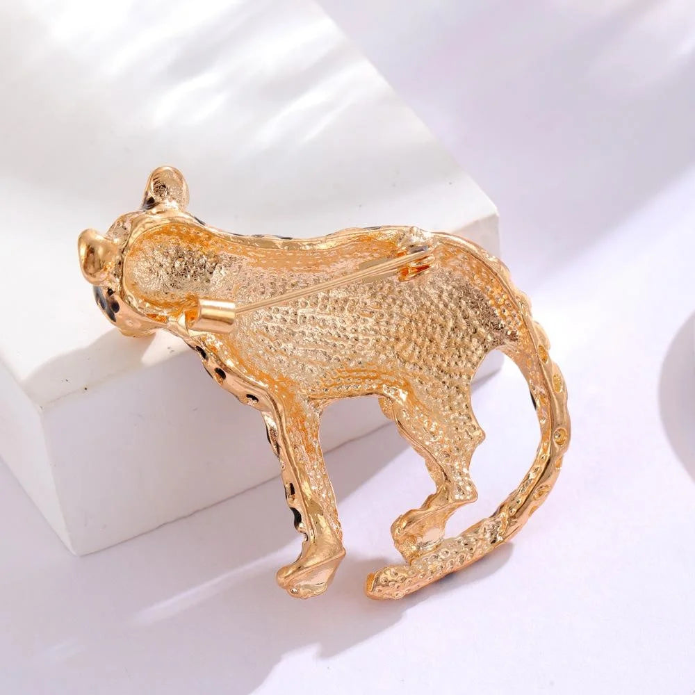 Vintage Gold Plated Alloy Leopard Brooch With Green Eyes, Enamel Animal Lapel Pin Suit Accessory Gift