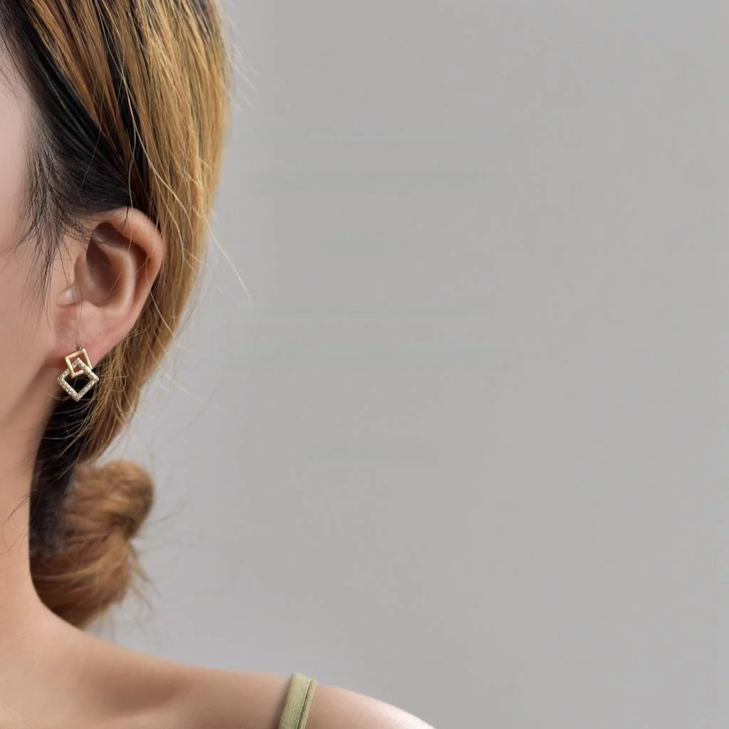 14K Plated Copper Micro Pave Zircon 3D Overlapping Rhombus Stud Earrings For Women