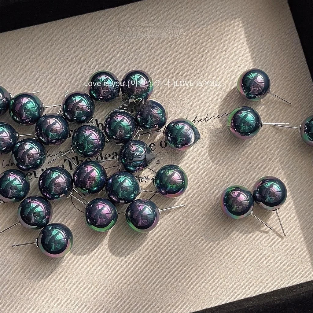 French Light Luxury Iridescent Black Glass Pearl Geometric Round Stud Earrings For Women