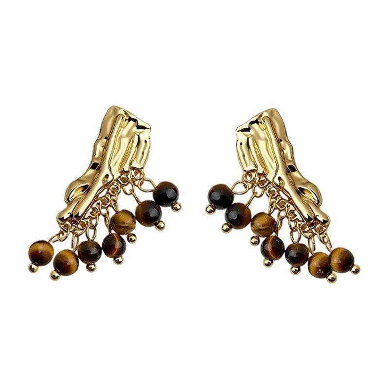 Maillard Style Vintage Natural Tiger Eye Stone Geometric Tassel Drop Earrings