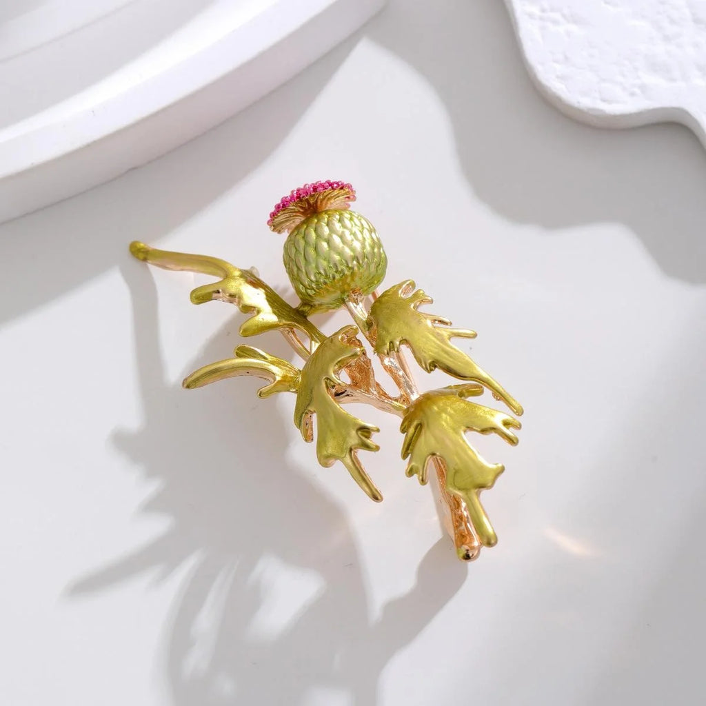 Elegant Enamel Thistle Flower Brooch With Green Leaves, Alloy Floral Lapel Pin Corsage Suit Accessory