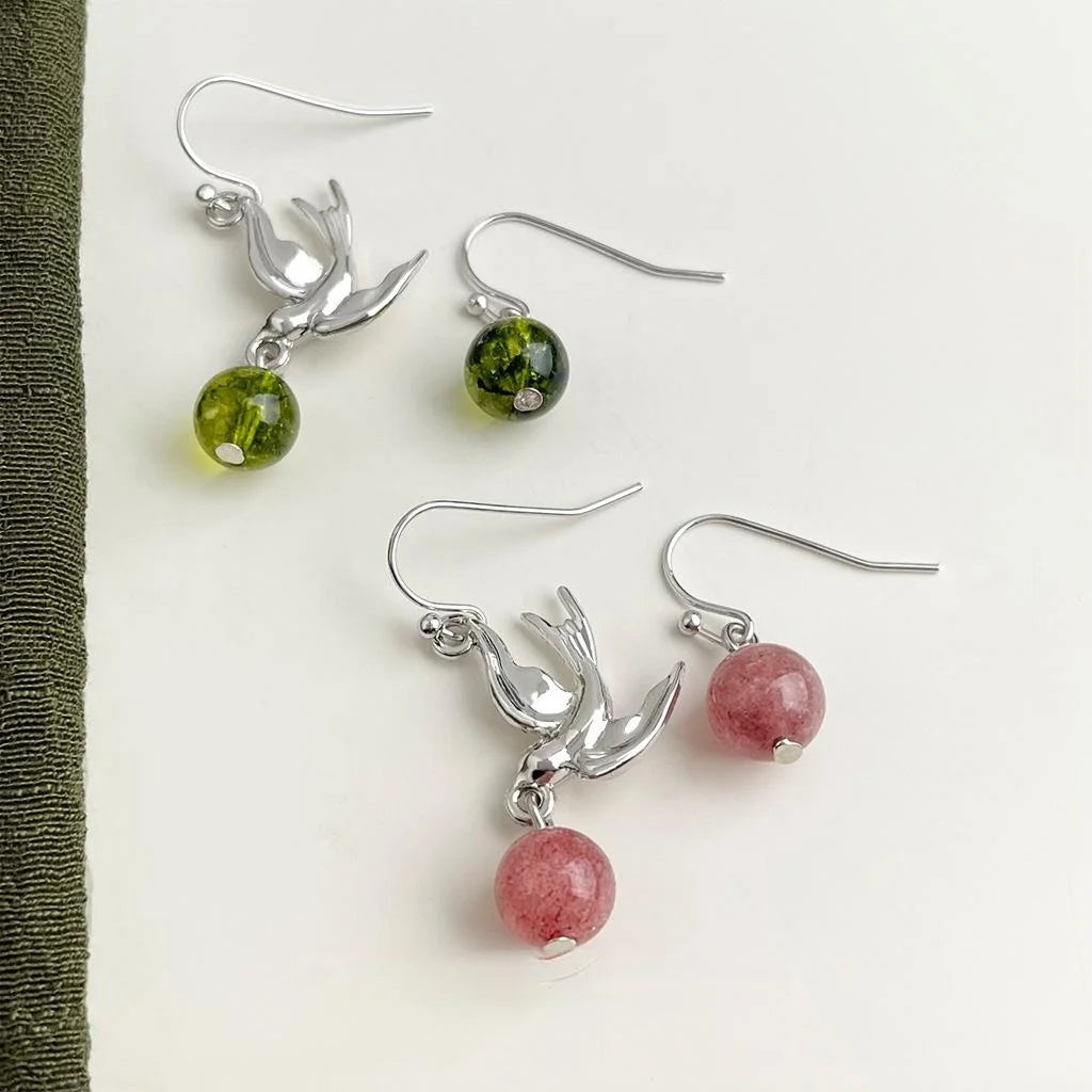 Green Phantom Crystal Bird Drop Earrings Handmade Asymmetric Forest Style Natural Stone Jewelry