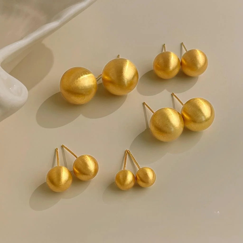 14K Gold Plated Copper Stud Earrings Brushed Matte Round Ball Minimalist Geometric Jewelry