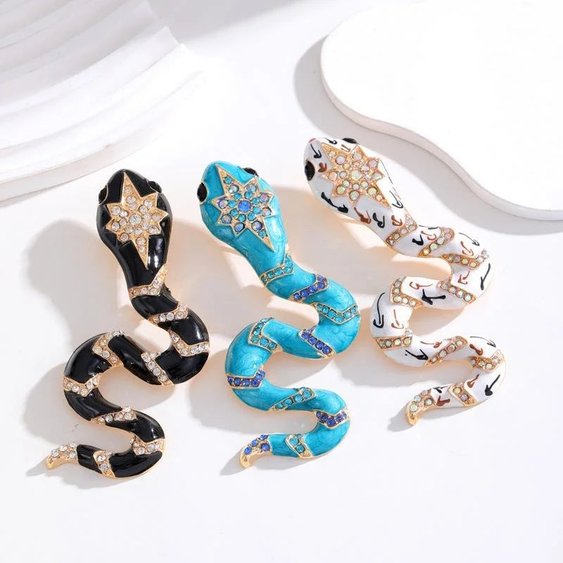 Luxury Blue Enamel Snake Brooch With Rhinestones, Alloy Animal Lapel Pin Corsage Suit Accessory Gift