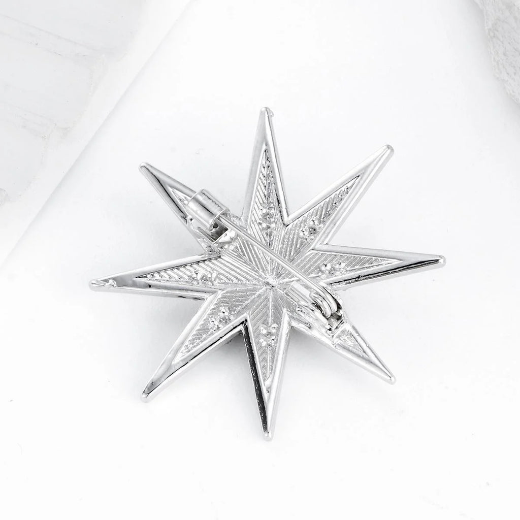 Luxury Rhinestone Eight-Point Starburst Brooch, Silver Tone Alloy Lapel Pin Corsage Suit Accessory Gift