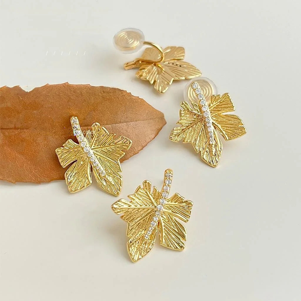 Original Design 18K Gold Plated Zircon Maple Leaf Drop Earrings