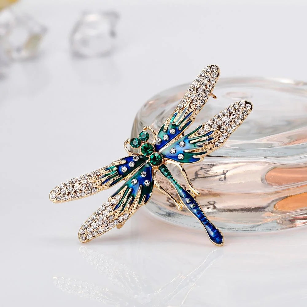 Elegant Enamel Rhinestone Dragonfly Brooch For Women, Gold Alloy Lapel Pin Corsage Suit Accessory Gift