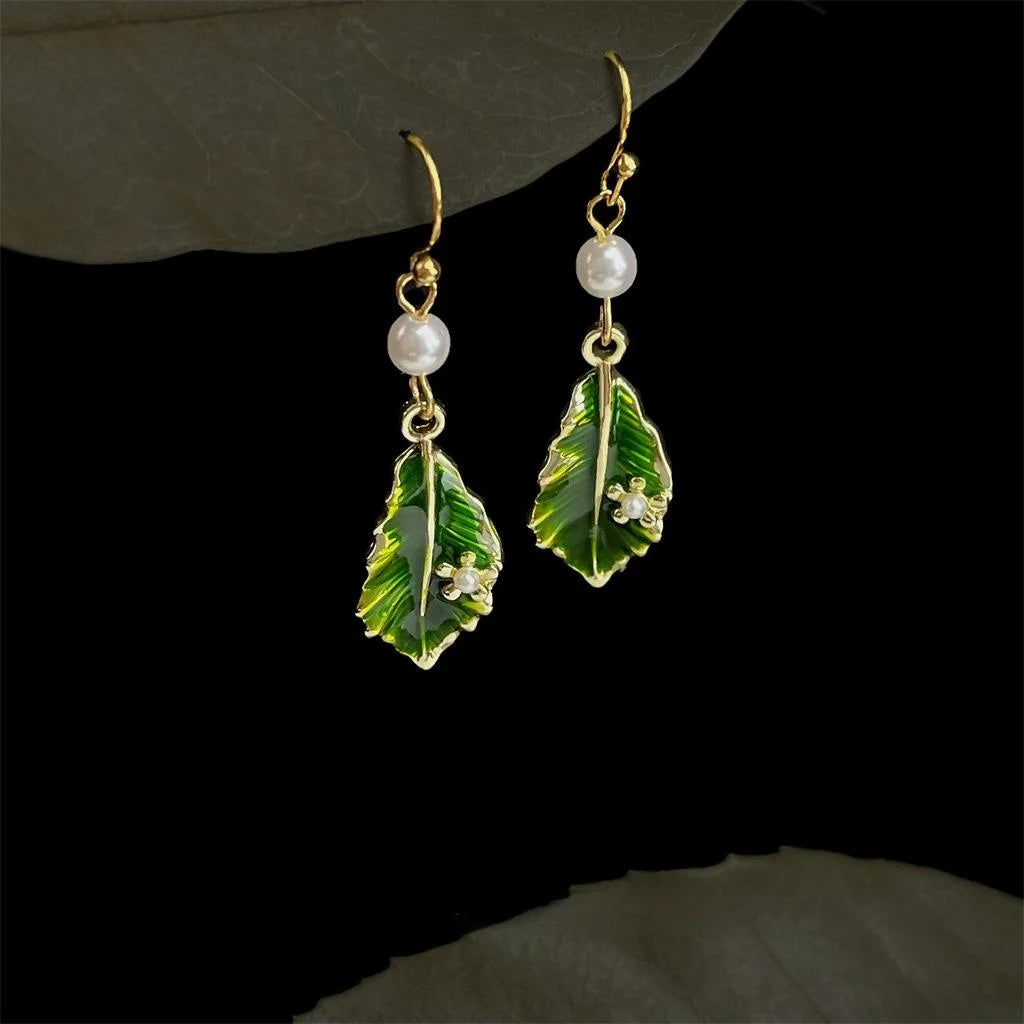 Fresh Sweet Enamel Glazed Leaf Drop Earrings Handmade Copper Posts Forest Style