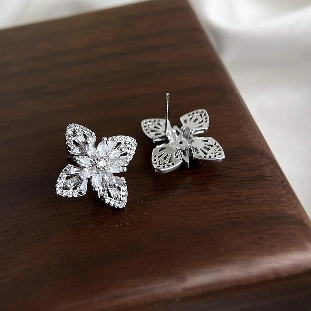 Silver Plated Copper Zircon Flower Leaf Geometric Stud Earrings for Women