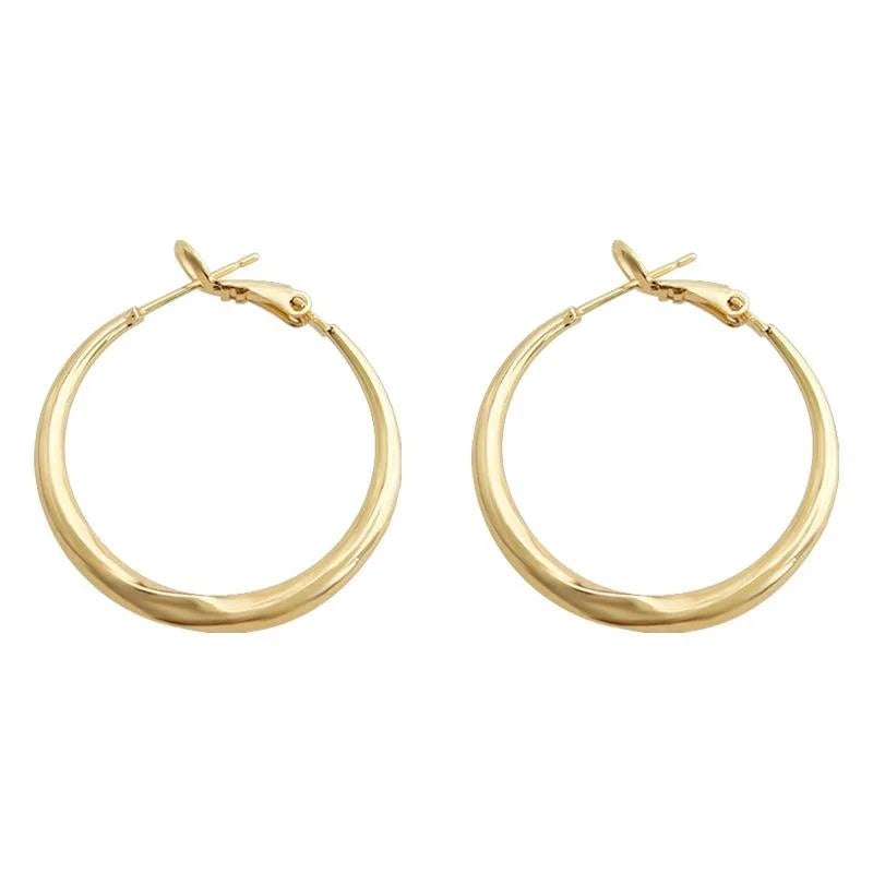 14K Gold Plated Copper Geometric Round Hoop Earrings, Elegant Fashion Face Slimming Ear Jewelry