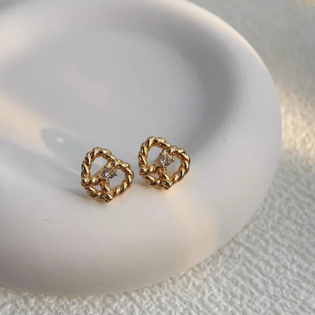 14K Plated Copper Heart Stud Earrings, Mini Micro Pave Zircon Everyday Jewelry