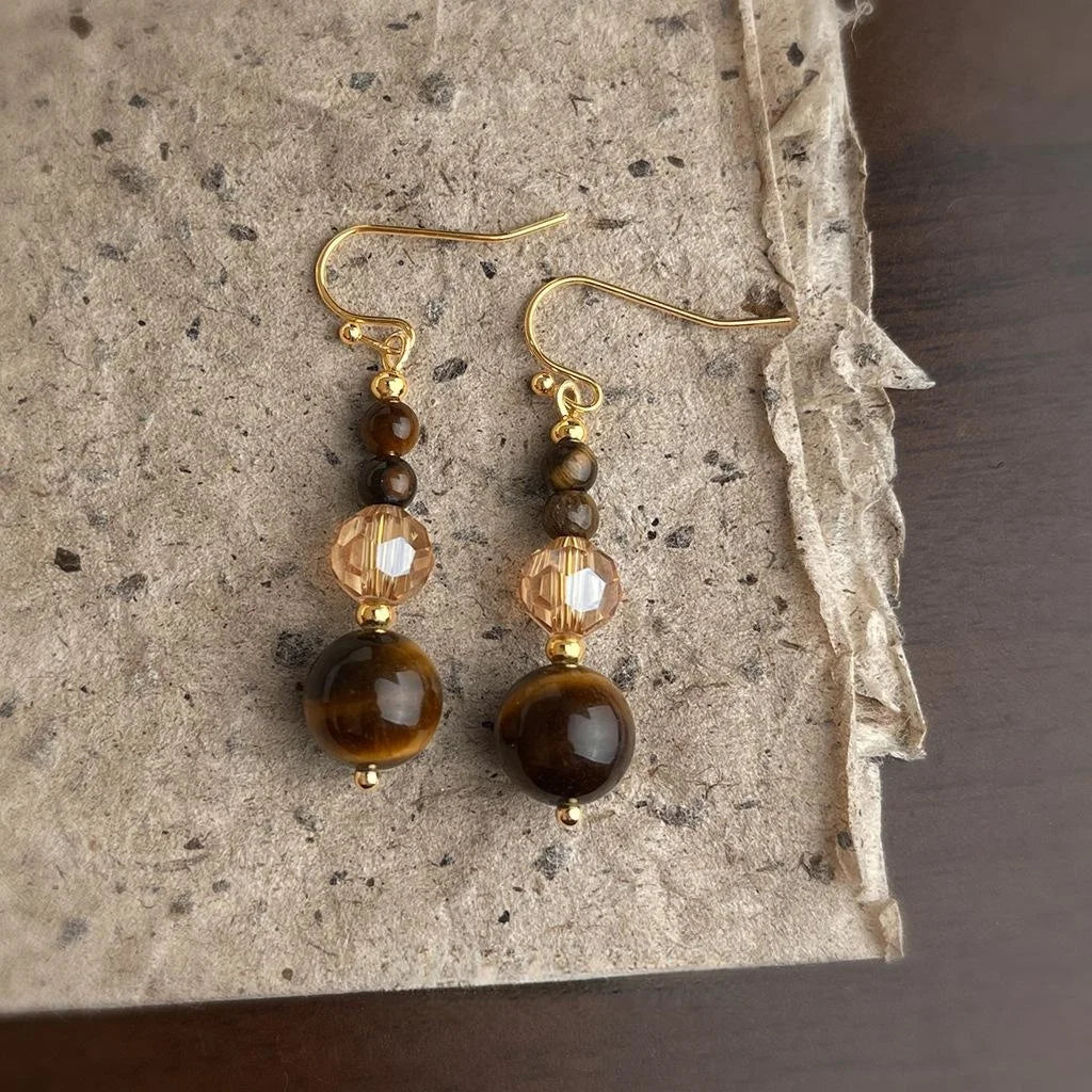 Handmade Chinese Style Tiger Eye Glass Crystal Round Geometric Tassel Drop Earrings