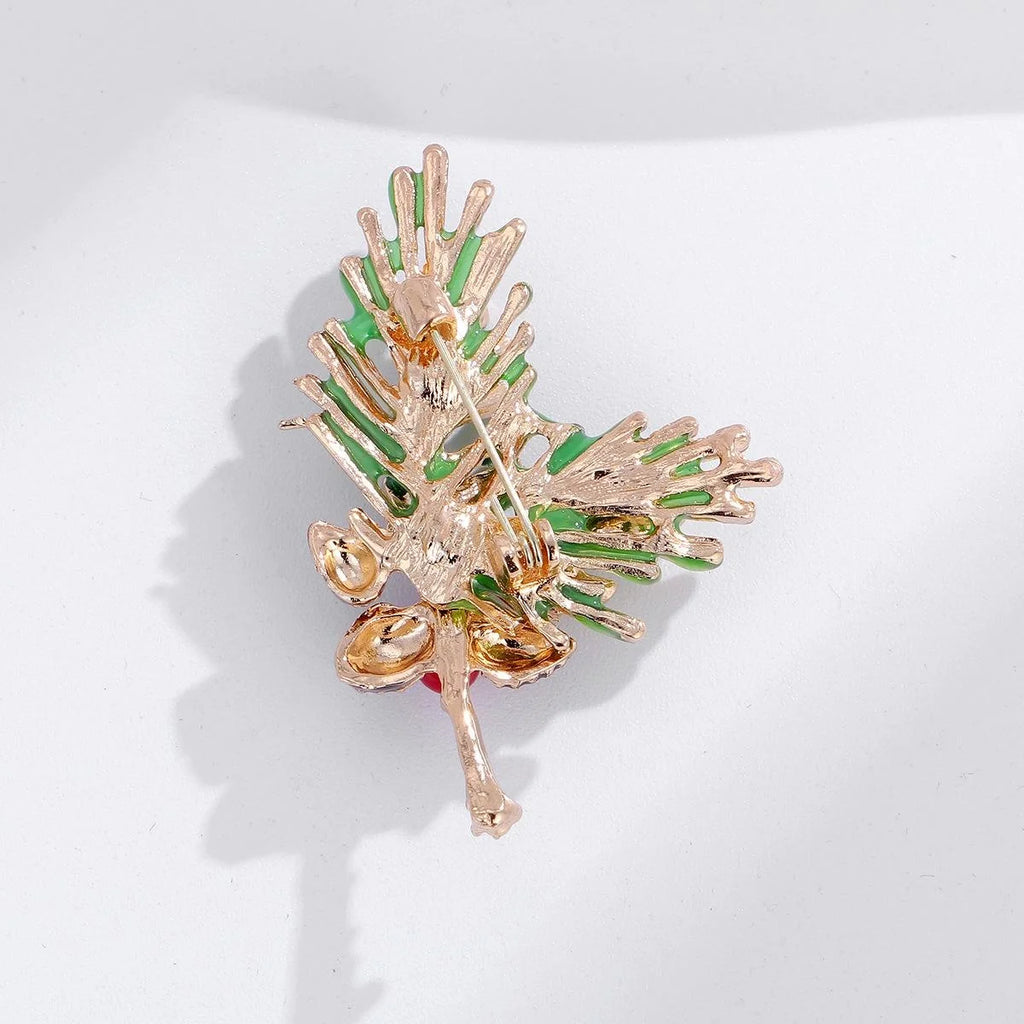 Elegant Enamel Pine Needle Leaf And Pinecone Alloy Brooch With Red Berries, Festive Lapel Pin Gift