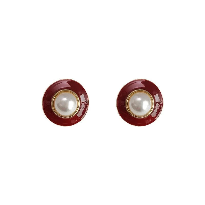 Vintage Hong Kong Style Red Geometric Pearl Resin Stud Earrings, Light Luxury Metal Enamel Jewelry