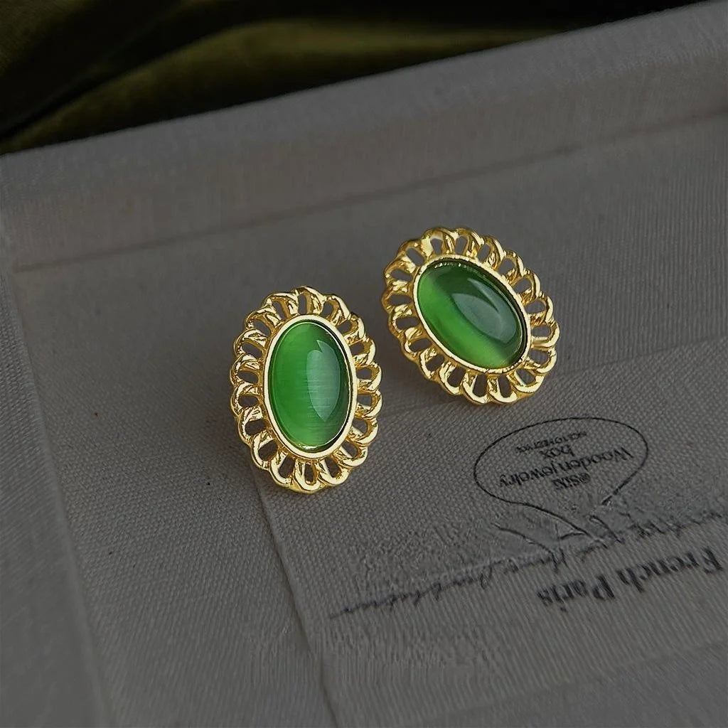 French Vintage Oval Glass Cat Eye Stone Stud Earrings Eco Copper Hollow Lace Edge Jewelry