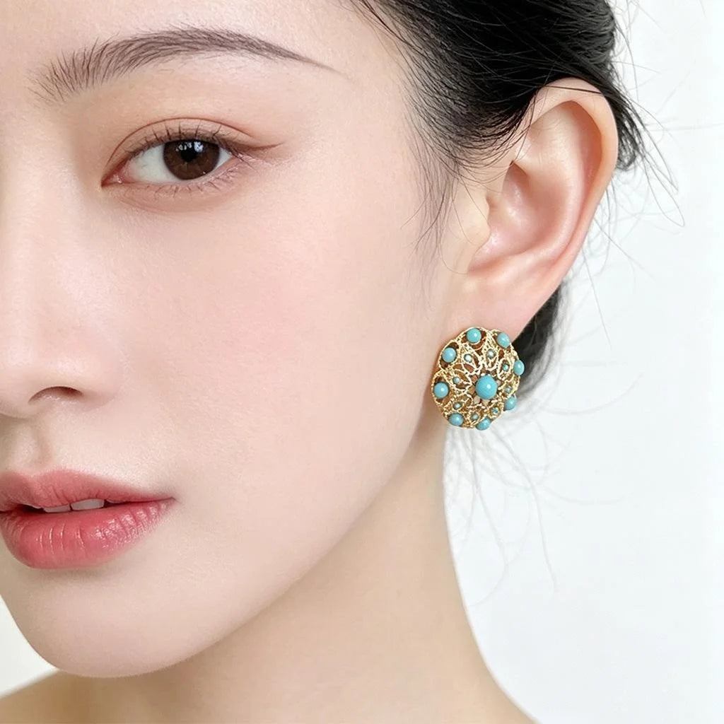French Vintage Round Geometric Synthetic Turquoise Drop Earrings Heavy Craft Jewelry