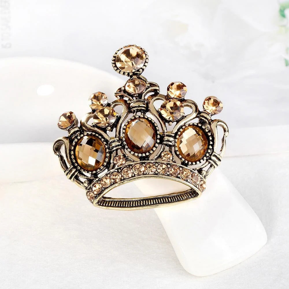 Vintage Hollow Crown Brooch With Amber Rhinestones, Elegant Alloy Lapel Pin For Suits And Gifts