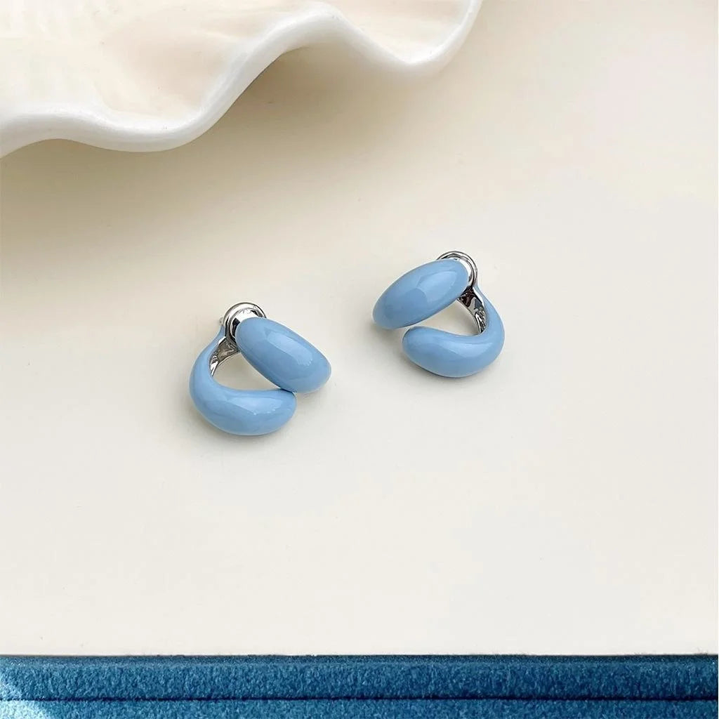 Blue Enamel Line Geometric Stud Earrings, Two-Way Minimalist Copper Ear Jewelry