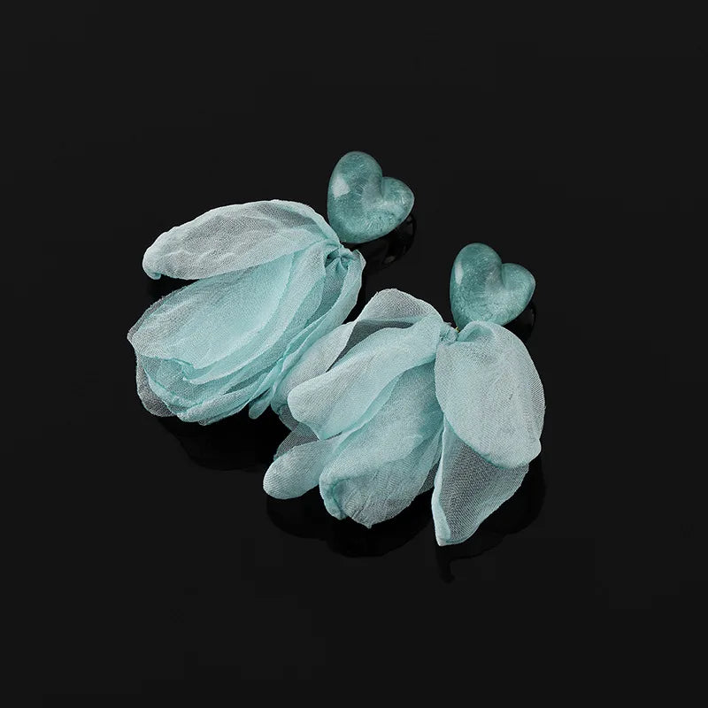 Blue Heart Chiffon Petal Lightweight Elegant Vacation Stud & Clip On No Piercing Flower Drop Earrings
