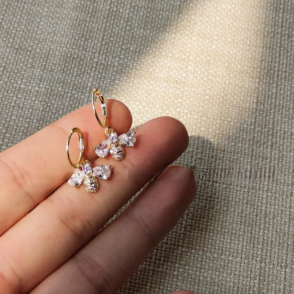 14K Gold Plated Copper Micro Pave Zircon Bee Drop Earrings Light Luxury Vintage Jewelry