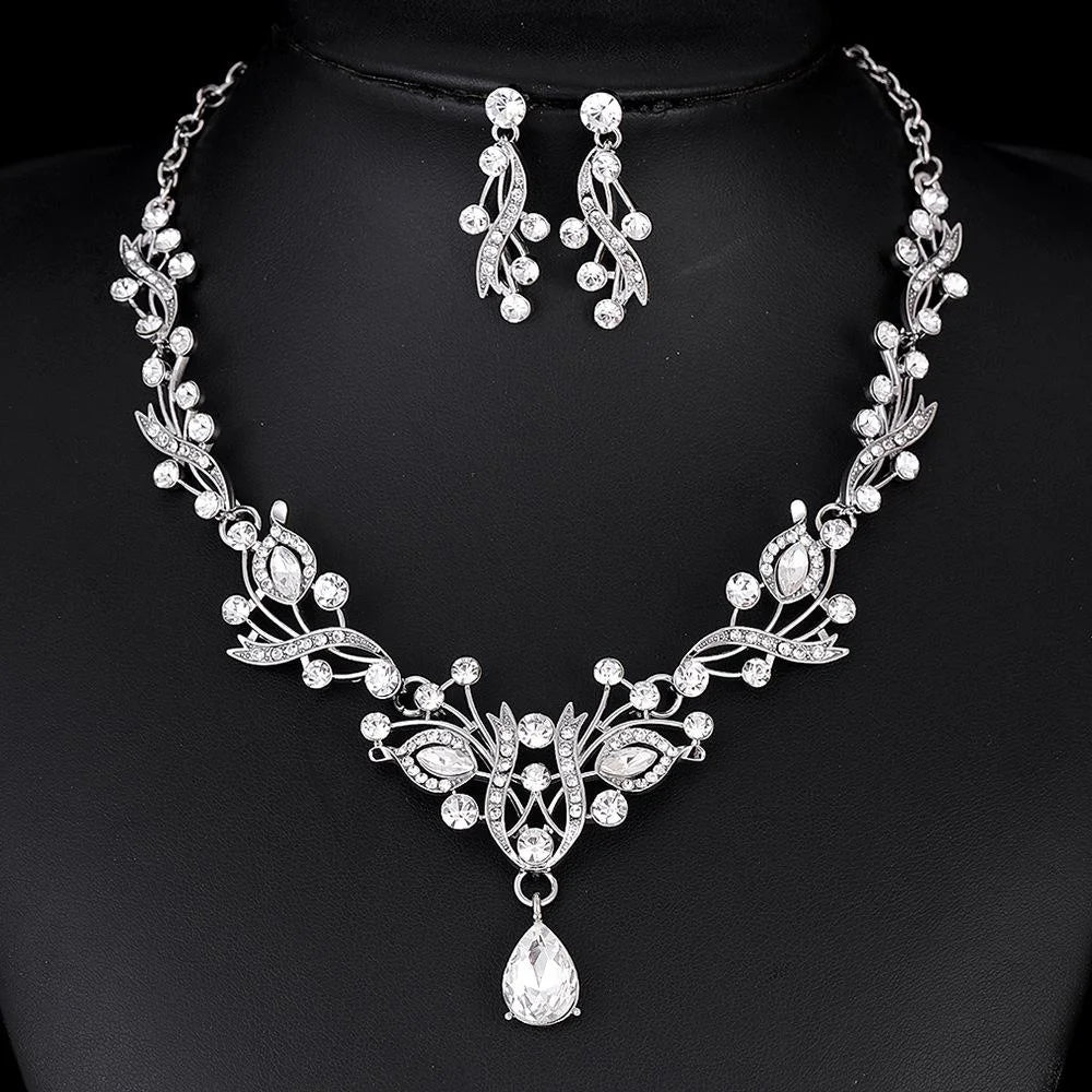 Luxury Bridal Rhinestone Crystal Necklace And Earrings Jewelry Set Elegant Wedding Banquet Party Jewelry Gift