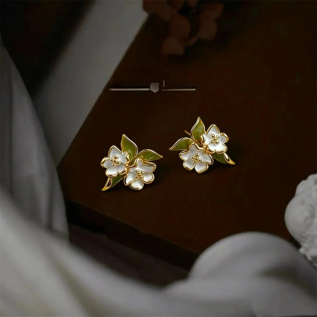 Pastoral Gardenia Flower Hand Painted Enamel Copper Stud Earrings