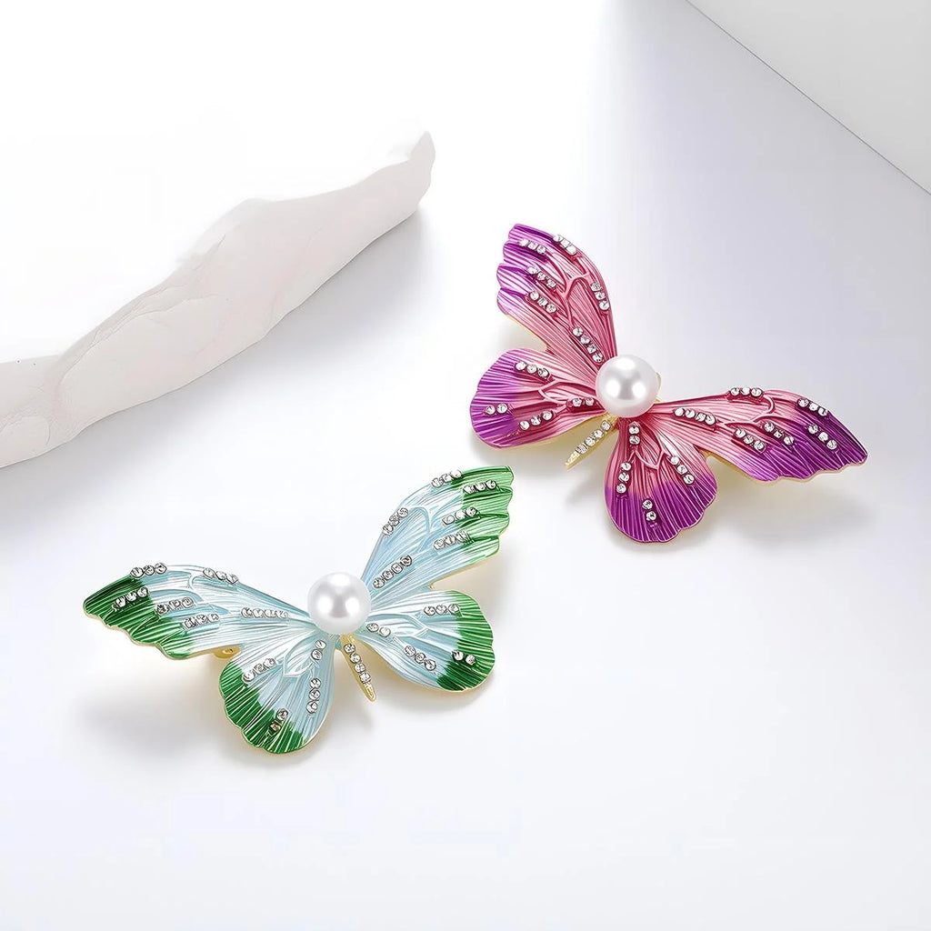 Elegant Gradient Enamel Butterfly Brooch With Pearl And Rhinestone Inlay, Women's Lapel Pin Gift