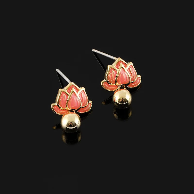 Elegant Enamel Lotus Flower Alloy Stud & Clip On No Piercing Gold Bead New Chinese Style Earrings