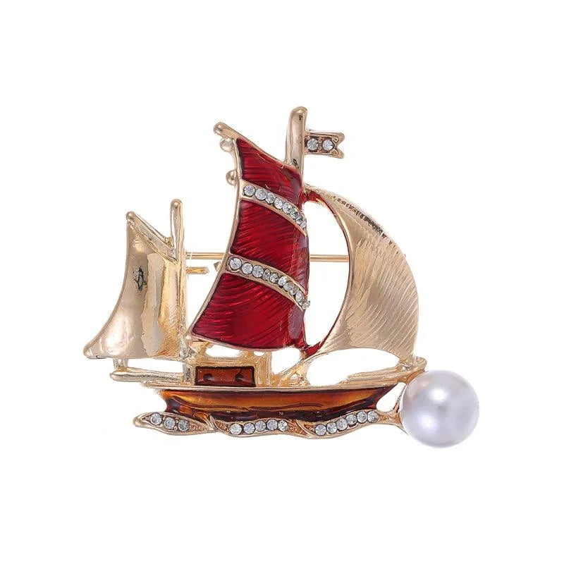 Elegant Sailboat Brooch Alloy Red Enamel Rhinestone Mother Of Pearl Lapel Pin Corsage Suit Accessory Gift