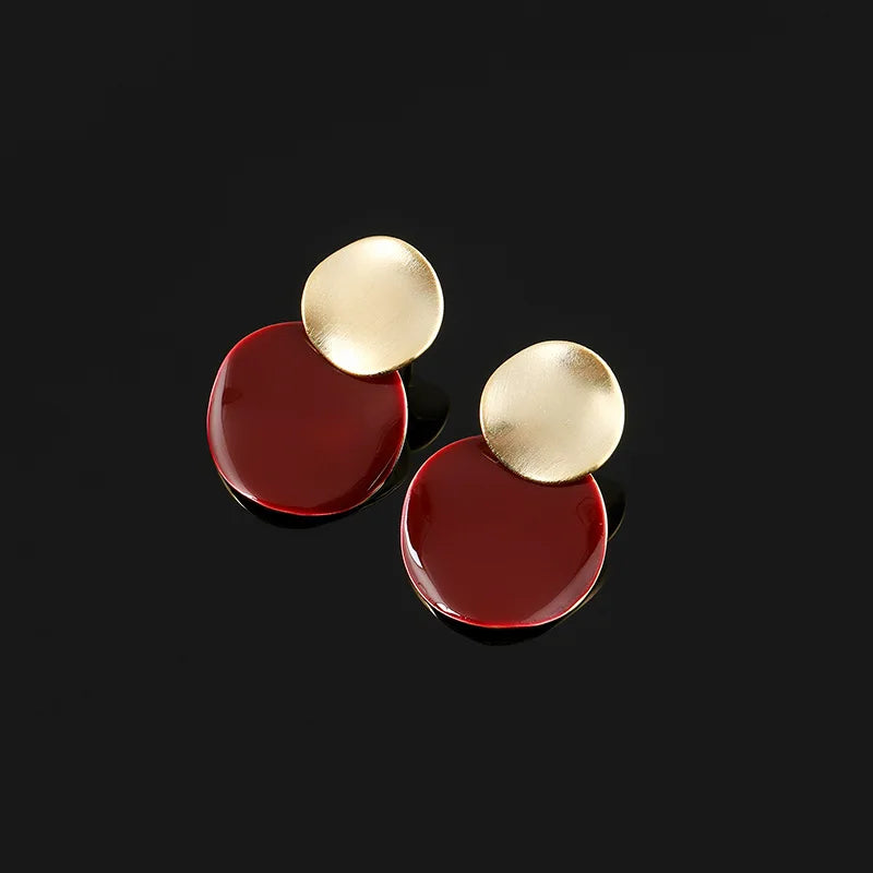 Vintage Contrast Red Enamel Round Disc Alloy Spiral Stud & Clip On No Piercing Drop Earrings