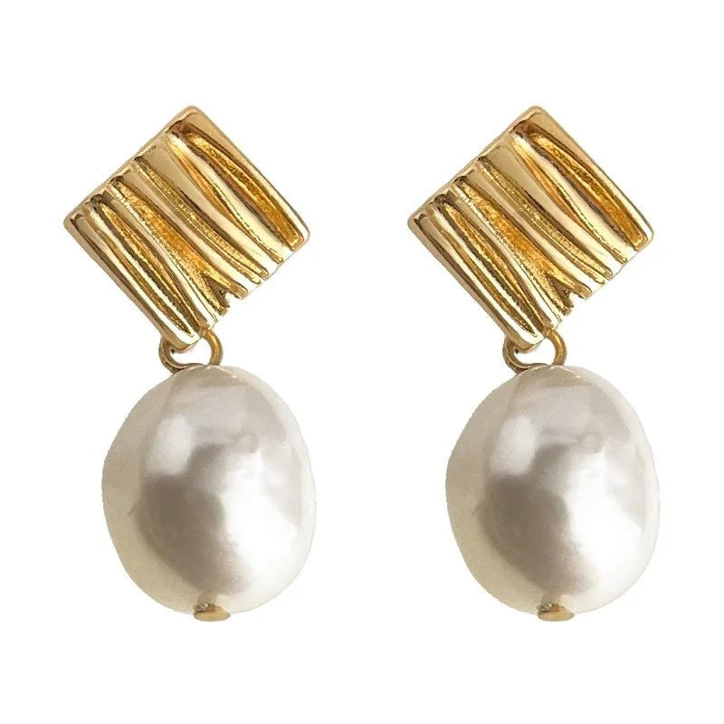 14K Gold Plated Copper Baroque Freshwater Pearl Geometric Drop Earrings Handmade Wrinkle Design
