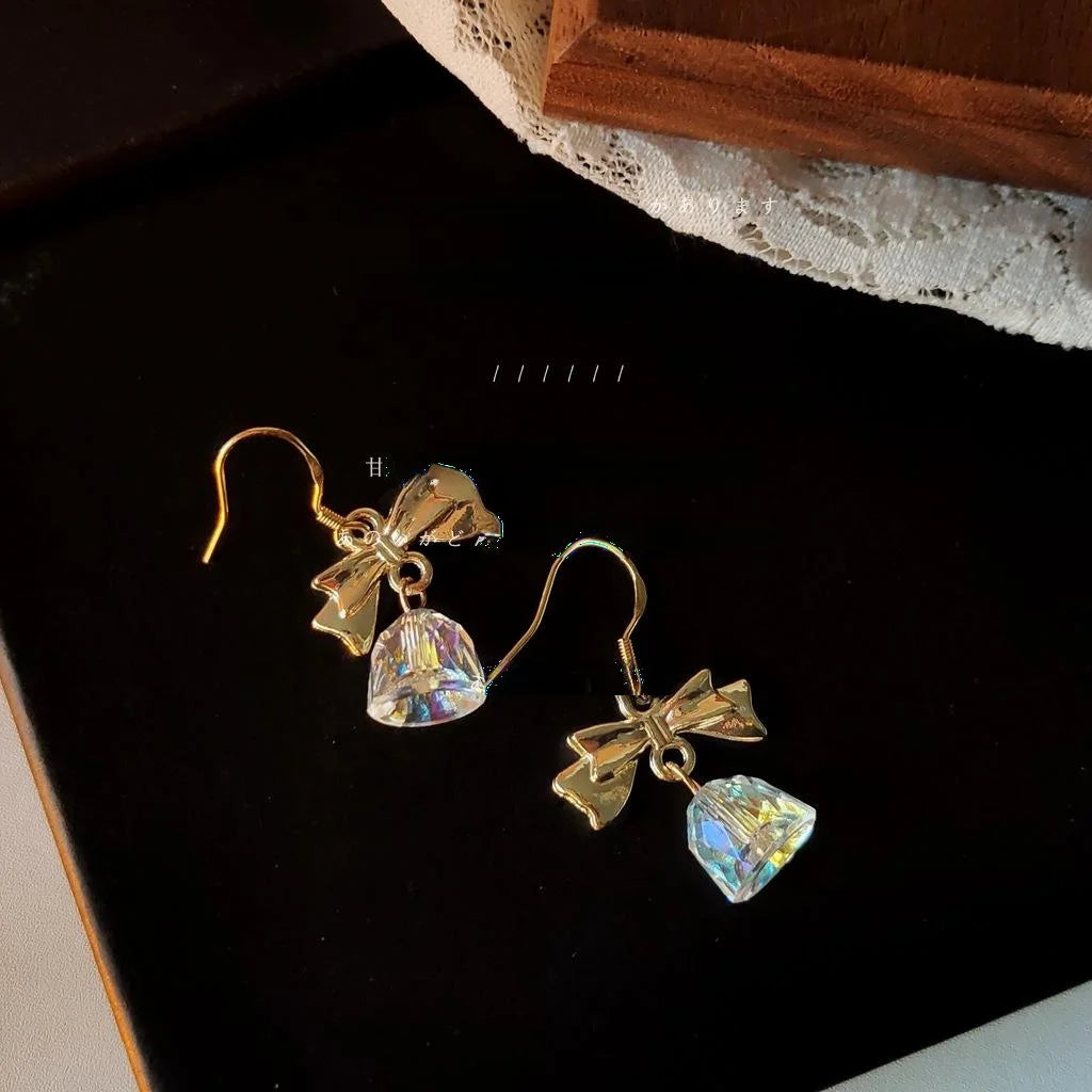 Vintage French Bow Drop Earrings Copper Glass Crystal Transparent Bell Princess Style