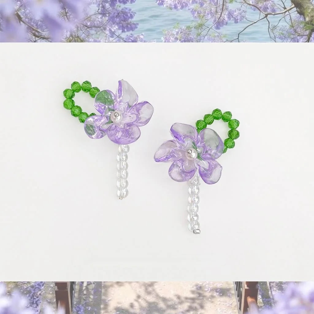 Sweet Purple Transparent Resin Flower Drop Earrings Handmade Summer Vacation Style
