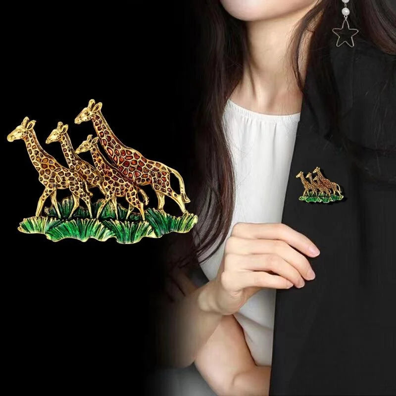 Elegant Enamel Giraffe Herd Brooch With Green Grass, Gold Tone Alloy Lapel Pin Corsage Gift