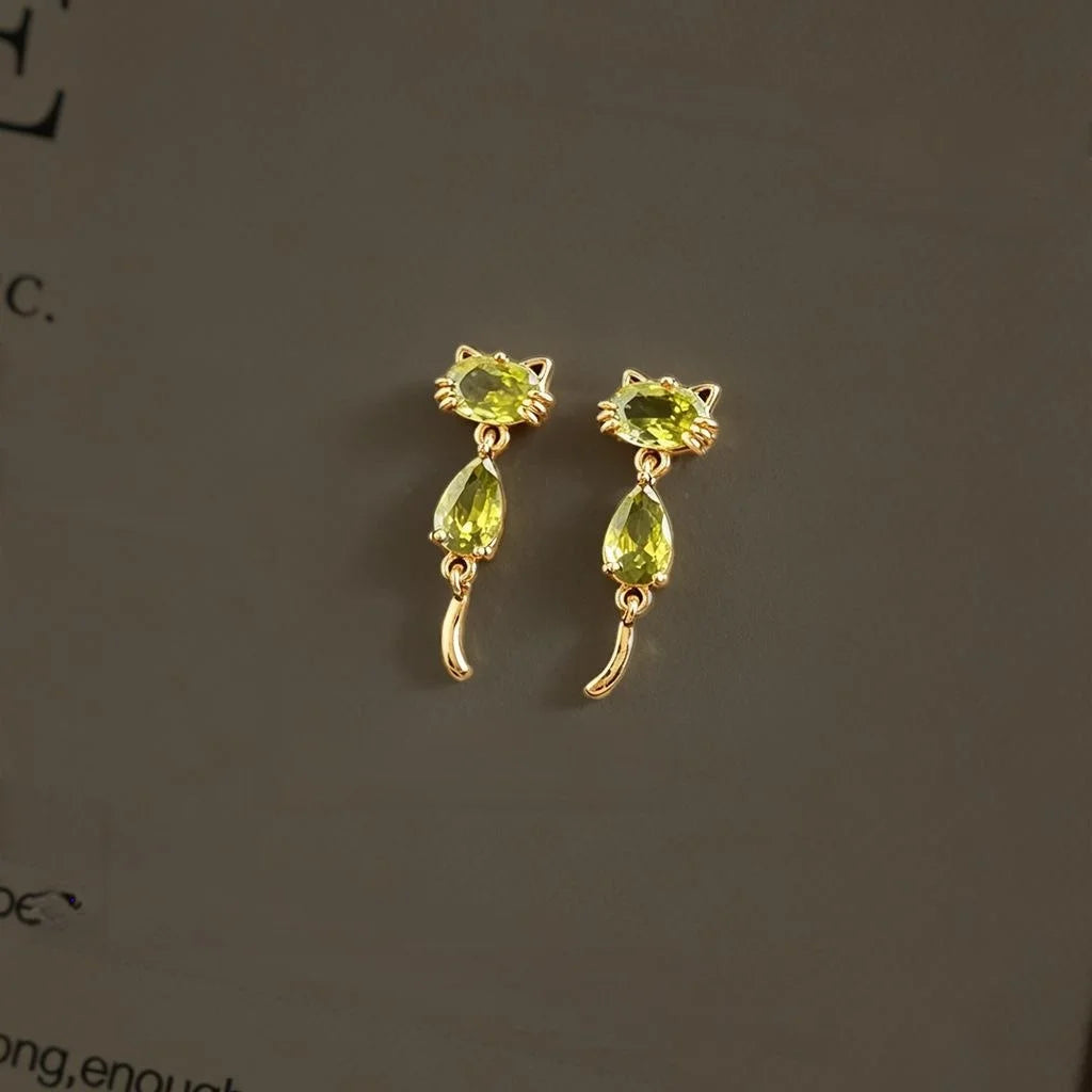 Olive Green Zircon Cat Drop Earrings Copper Cute Animal Design Fashion Jewelry For Women