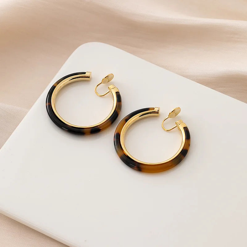 Elegant Brown Leopard Resin Hoop Stud & Clip On No Piercing Gold Alloy Spiral Disc Earrings