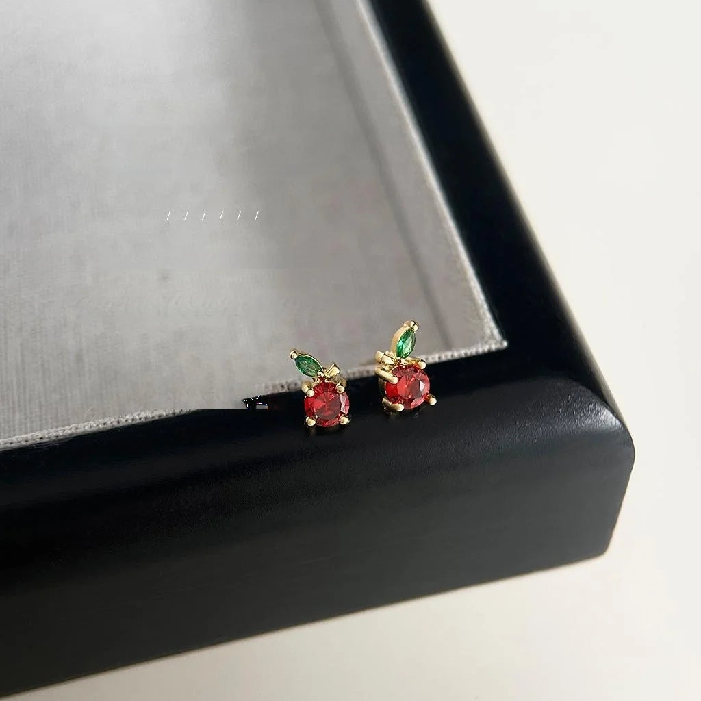 Cute Mini Apple Stud Earrings Copper Micro Pave Zircon Fruit Design For Daily Wear