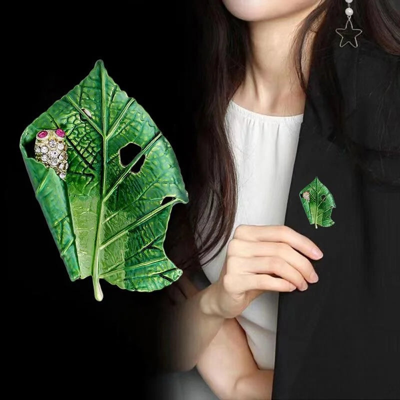 Elegant Green Enamel Leaf Brooch With Rhinestone Insect, Alloy Lapel Pin Corsage Suit Accessory Gift