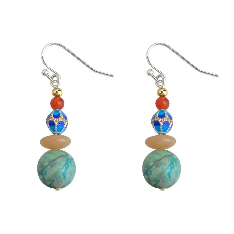 Vintage Ethnic Handmade Enamel Drop Earrings With Red Agate Hubei Turquoise And Chalcedony