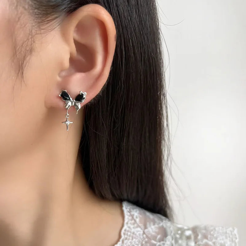 Black Butterfly Zircon Star Dangle Stud & Clip On No Piercing Alloy Sweet Cool Earrings