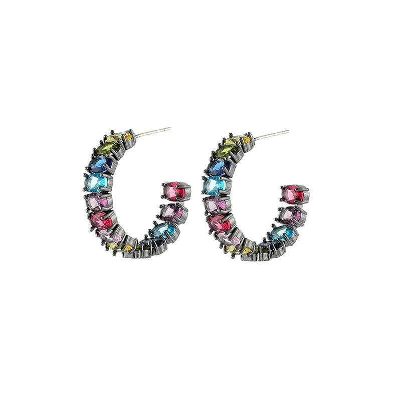 Vintage Rainbow Zircon Hoop Stud & Clip On No Piercing Spiral Alloy Ear Cuff Luxury Earrings